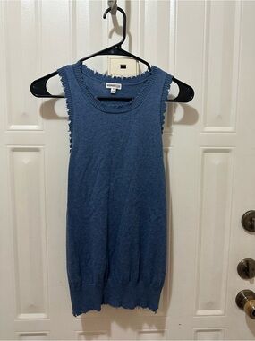 Minnie Rose Denim-Blue Ribbed Fringe-Trim Sleeveless Knit Tank
